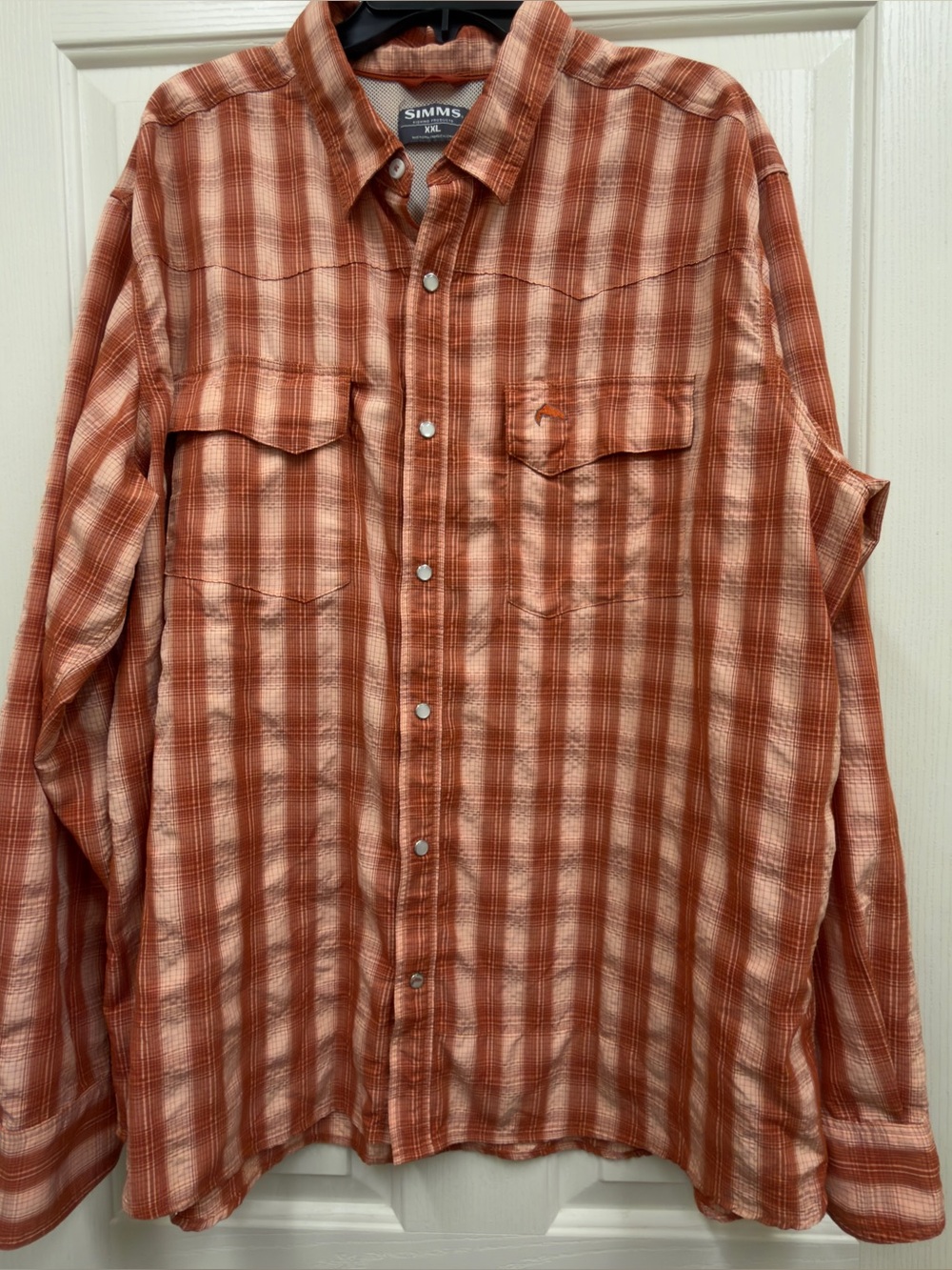 Simms Big Sky Men's Orange Plaid snap front long sleeve Shirt size XXL